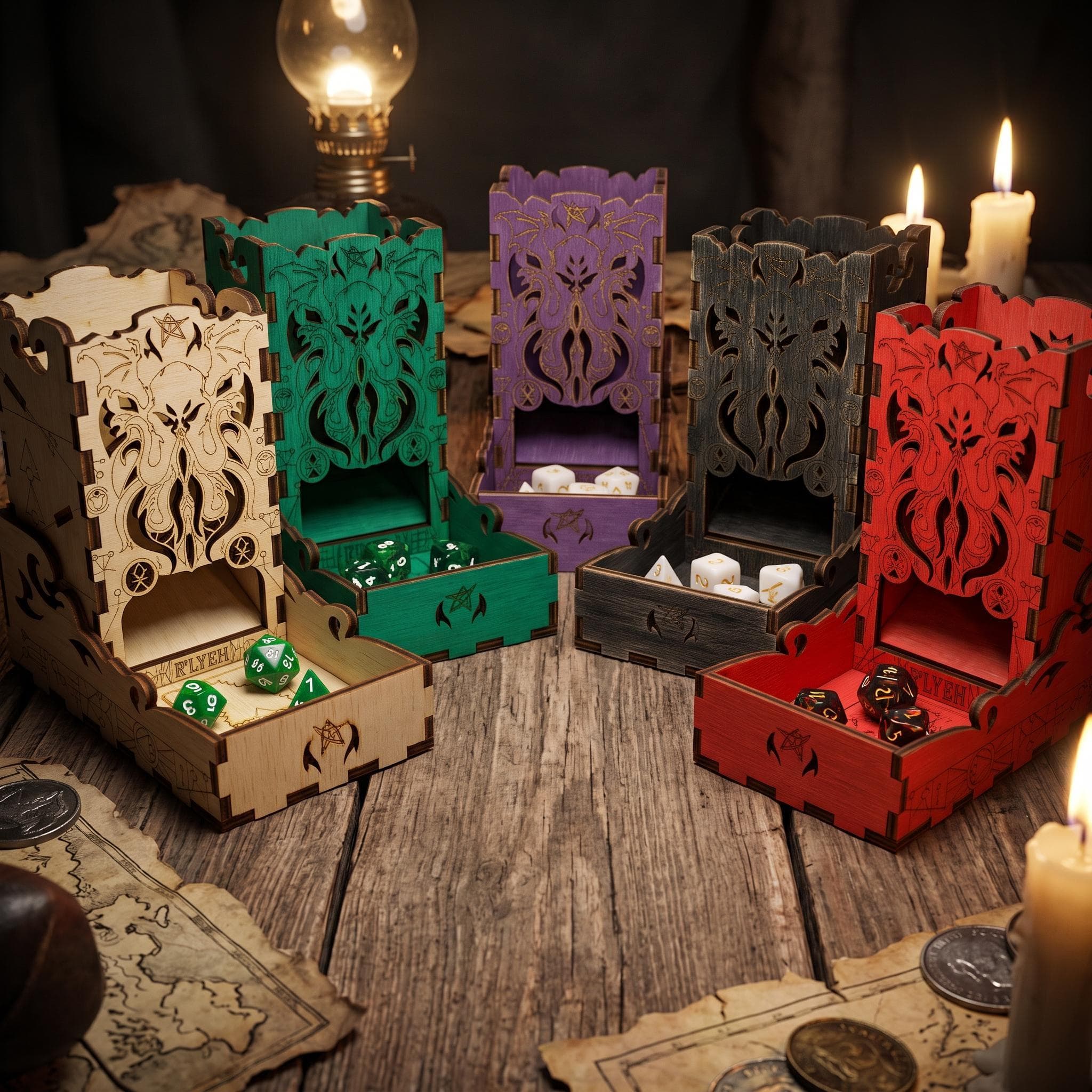 Cthulhu Dice Tower and Tray | Laser-Engraved (Wood) | Arkham Horror DnD RPG Accessory | Gaming gift