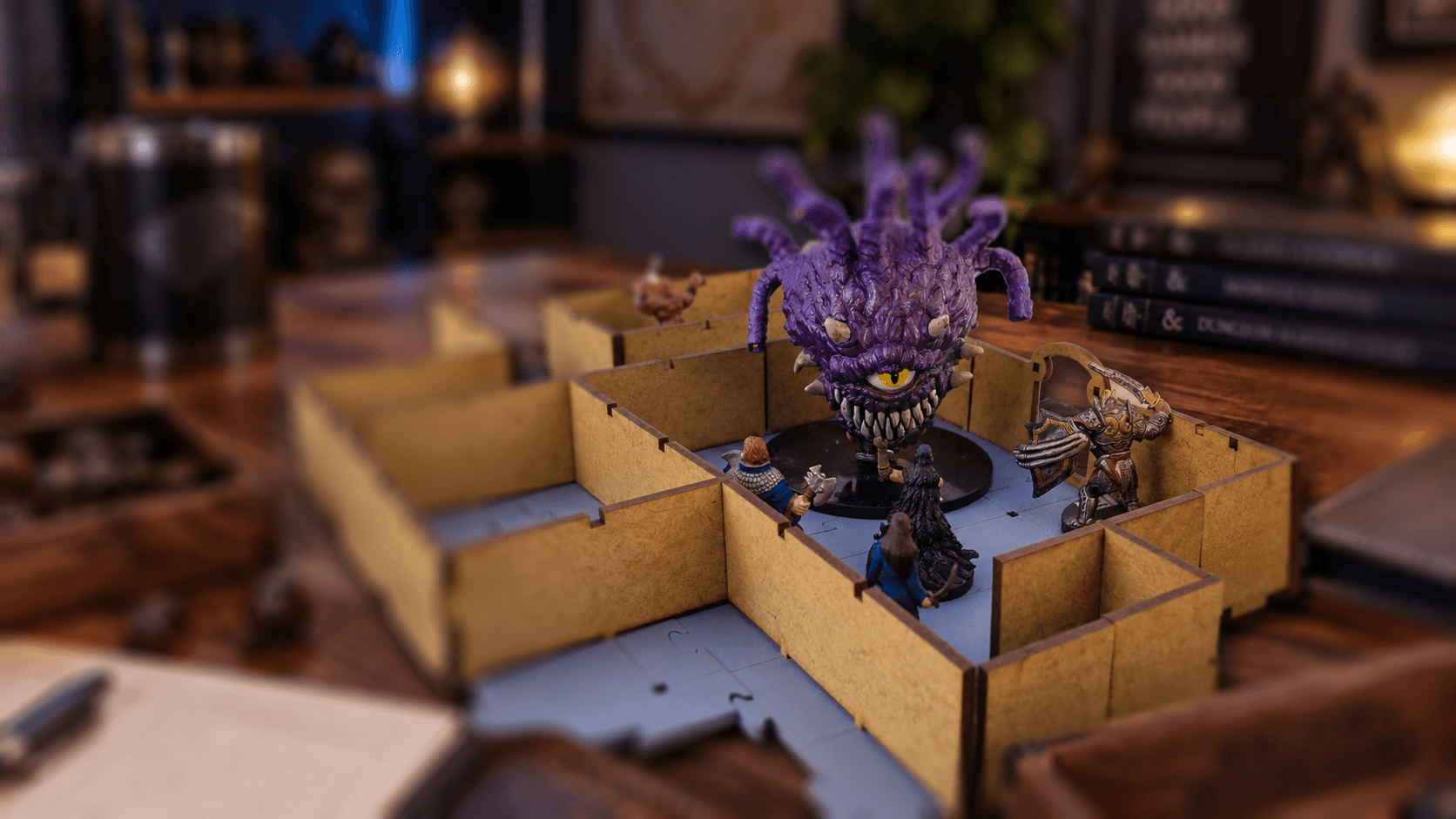 Tabletop game session with precision wooden component organizer
